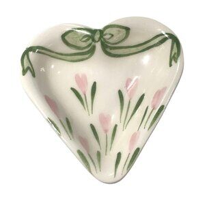 Lacoste Pottery Heart Shaped Trinket Dish Green Bow Pink Tulips Floral 3" Signed